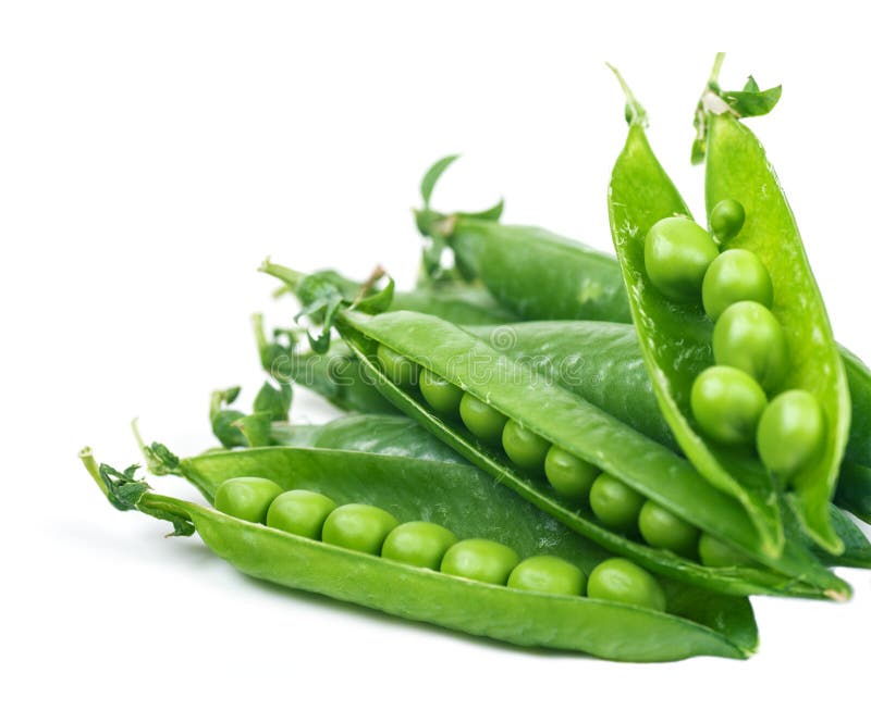 Green Peas in Pods, Top View, Isolated on White Background Stock Photo