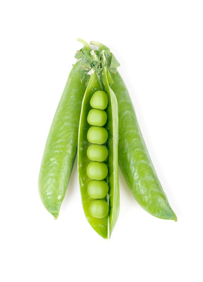 Green Peas in Pods, Top View, Isolated on White Background Stock Photo