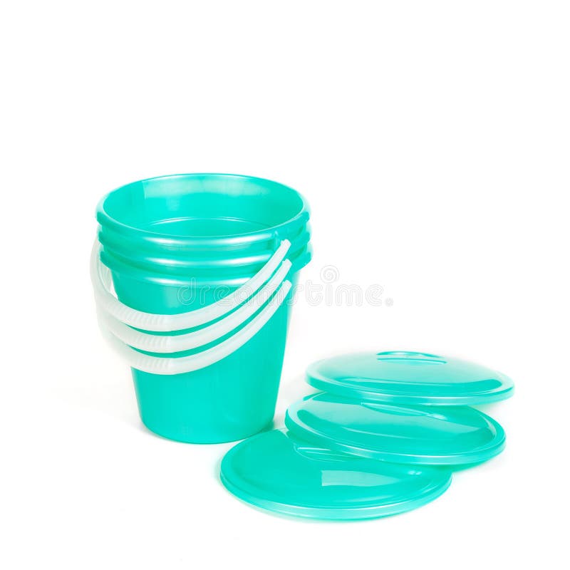 Green Plastic Buckets in a Pile with Covers Stock Photo Image of