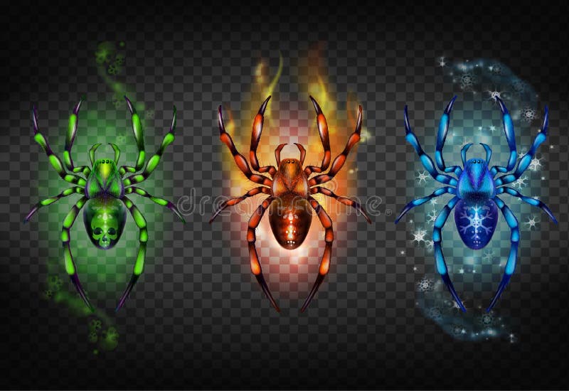 Toxic, igniting and freezing spiders vector set