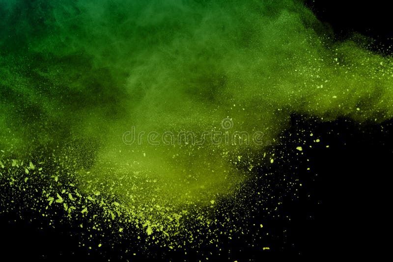 Green Powder Explosion Isolated on Black Background.Colored Dust Splash