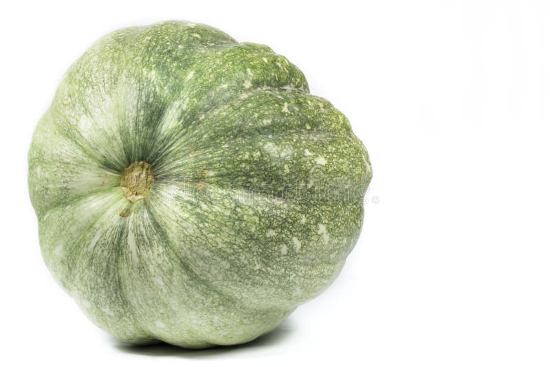 Green pumpkin on white background. Blank space to the right stock photo Green pumpkin on white background. Blank space to the right stock photo