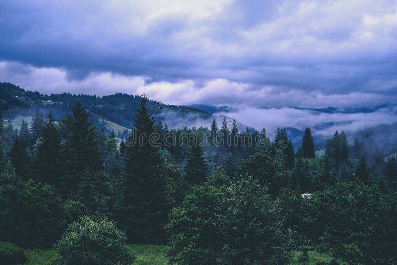 Green Mountain Forest in Cloudy and Rainy Moody Weather Stock Image