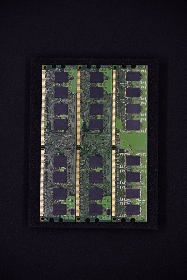 Green RAM Strips on Black Foam. Computer Chips Closeup Stock Image
