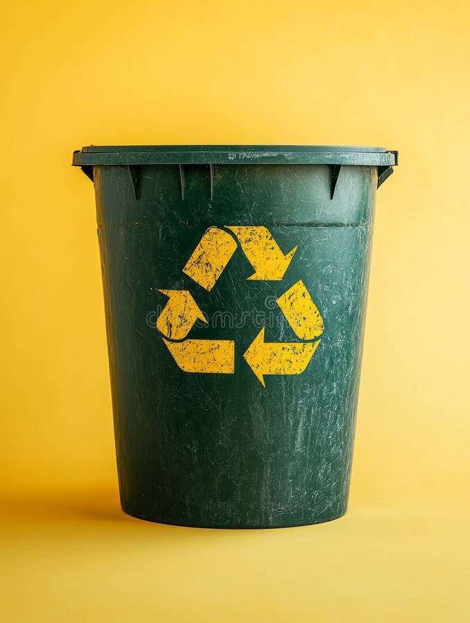 Green recycling bin with recycle symbol on yellow background. stock photo