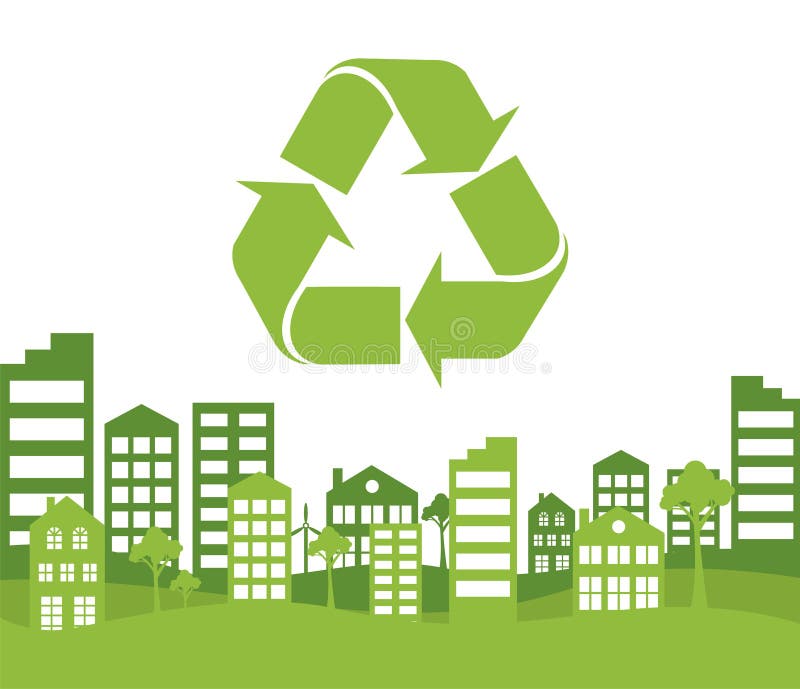 Green Recycling Sign and Green City. Ecology Background for T-shirt