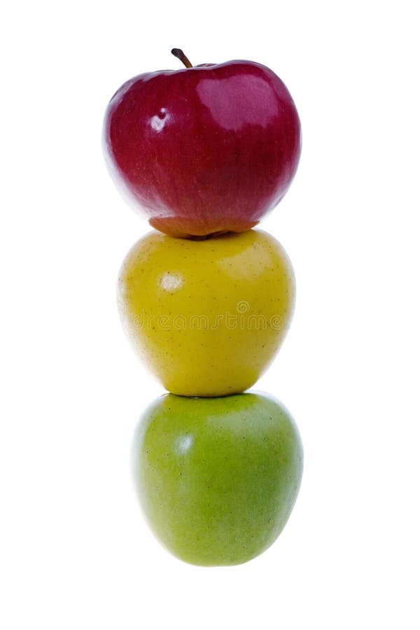 A green, red and yellow apple in a row