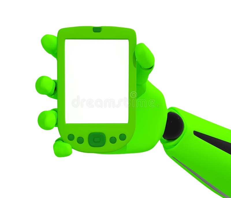 Green robotic hand hold a blank mobile phone