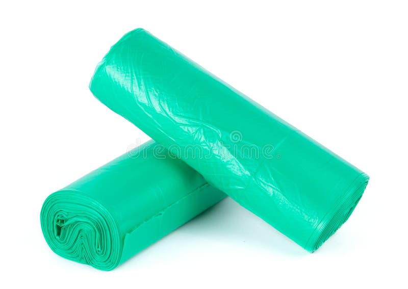 Green Roll of Plastic Garbage Bags Isolated on White Background Stock