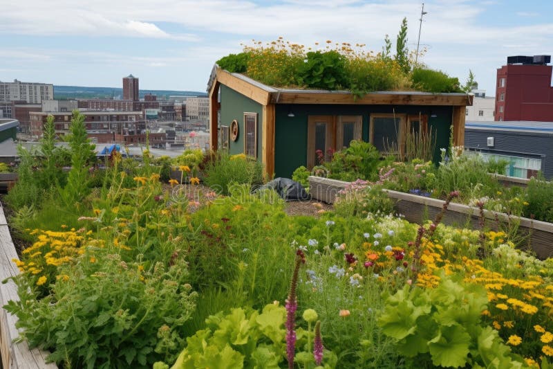 Green Rooftop Garden, Complete with Flowers and Greenery Stock Photo