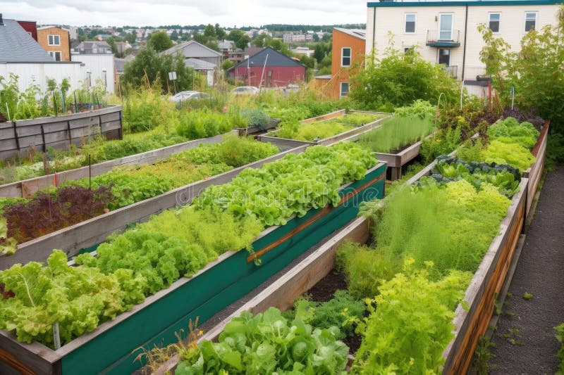 Green Rooftop Garden, with Vegetables and Herbs Growing in Raised Beds
