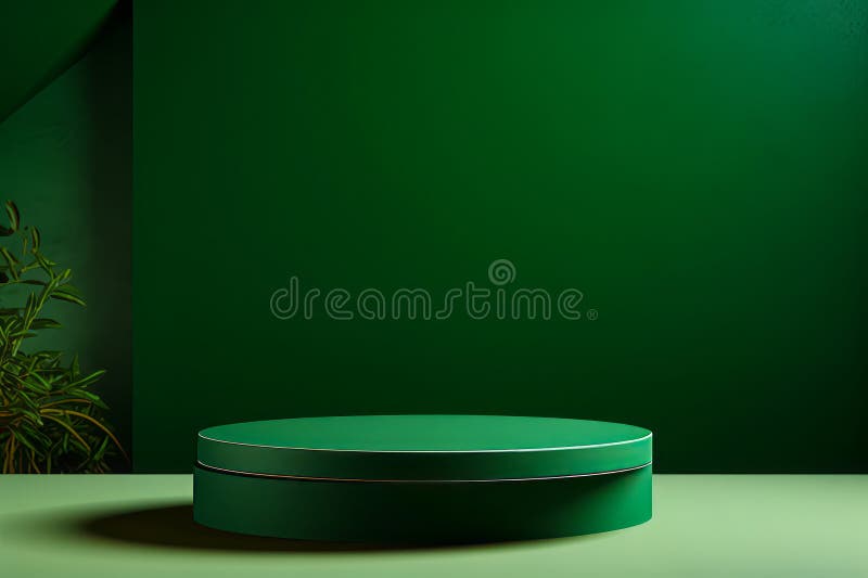 Green round table with green background and green wall. Generative AI stock photos