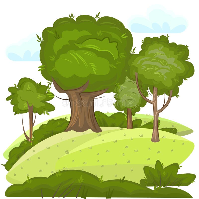 Green Rural Landscape With Trees Meadows And Hills Flat Cartoon Style