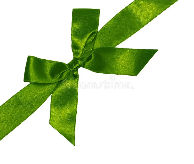 Green satin ribbon with bow, isolated on white royalty free stock image