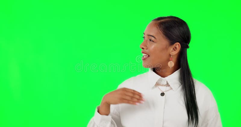 Green screen, presentation and face of woman speaking, teaching or list information for e learning or school. Happy stock footage