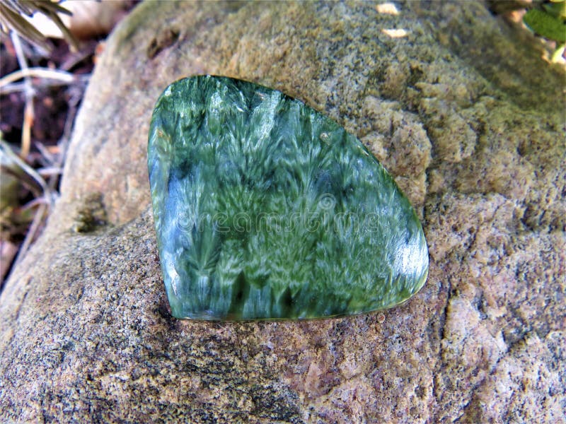 Green seraphinite crystal stone cabochon with angel wings pattern on a rock