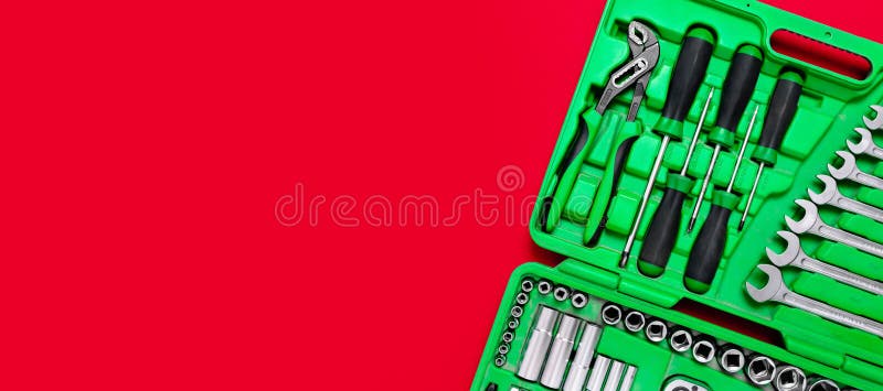 Green Set of Construction Tools Wrenches, Adjustable Pliers