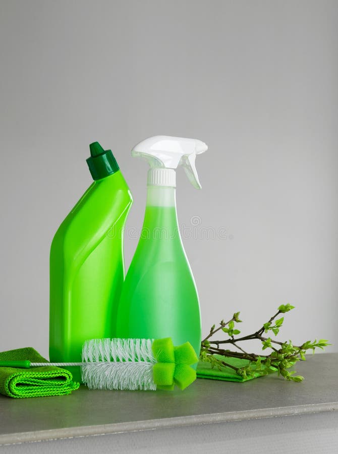Green set for spring cleaning and a few twigs with young spring leaves. royalty free stock photos