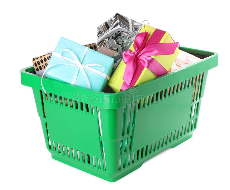 Green Shopping Basket with Different Gifts on White Stock Image Image of commerce, handle