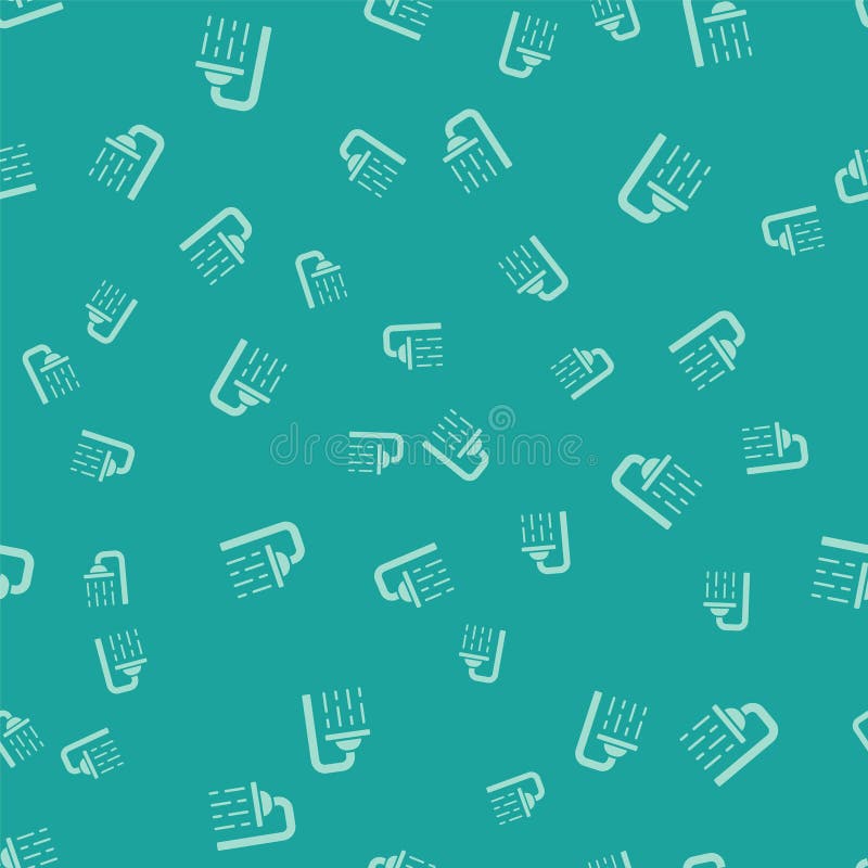 Green Shower Head with Water Drops Flowing Icon Isolated Seamless Pattern on Green Background