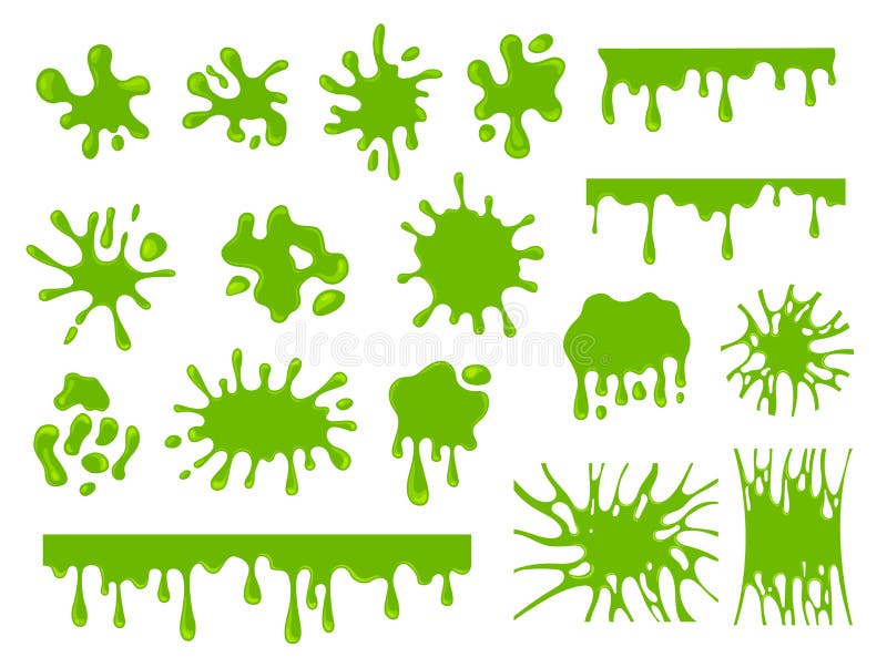 Green slime. Dripping slimes splash and mucus blob. Cartoon sticky splatter spot, glue jelly elements. Liquid decorative