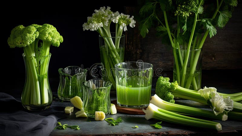 Green Smoothie with Celery and Spinach, Dark Background Stock