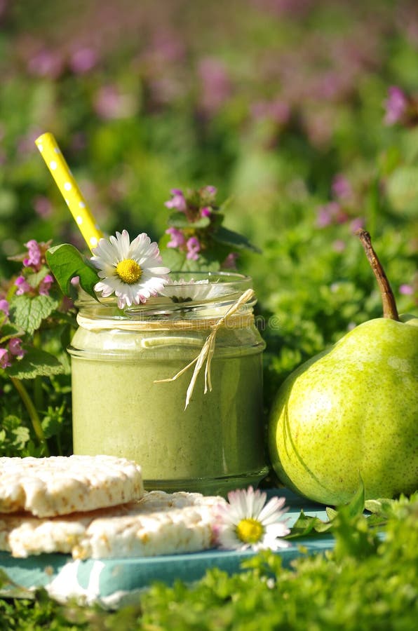 Green Smoothie with Edible Wild Herbs and Pears Stock Image Image of