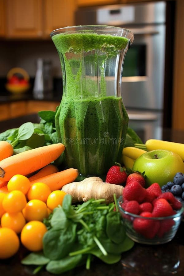 Green Smoothie with Fruits, Vegetables, and Blender Stock Image Image