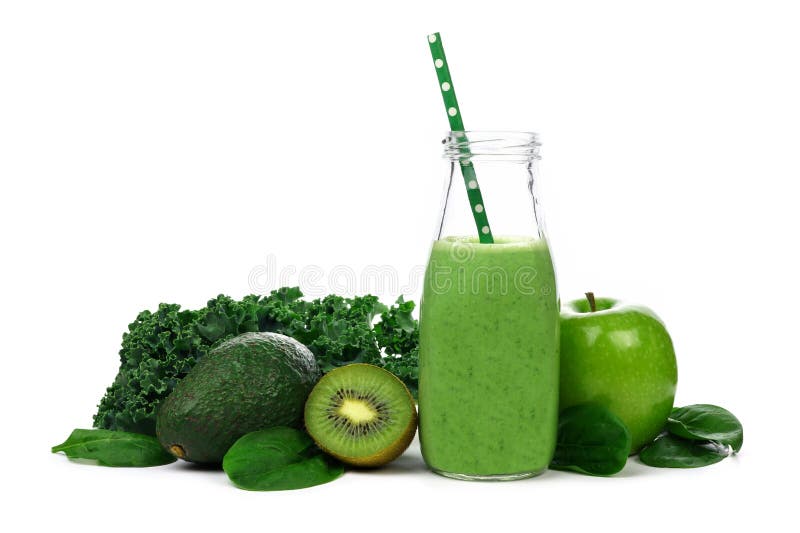 Green smoothie in milk bottle with ingredients isolated on white