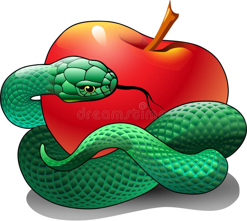 A green snake is wrapped around a red apple