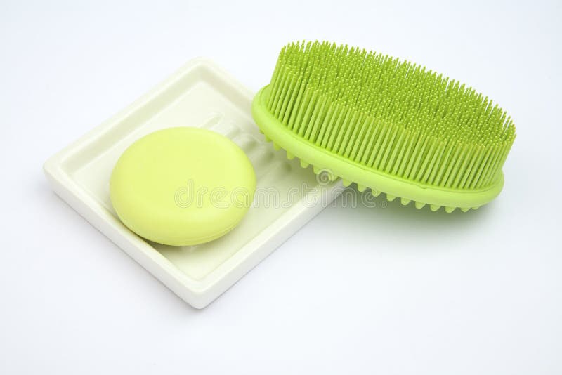 Green Soap in Soapdish with Green Rubber Brush Stock Image Image of