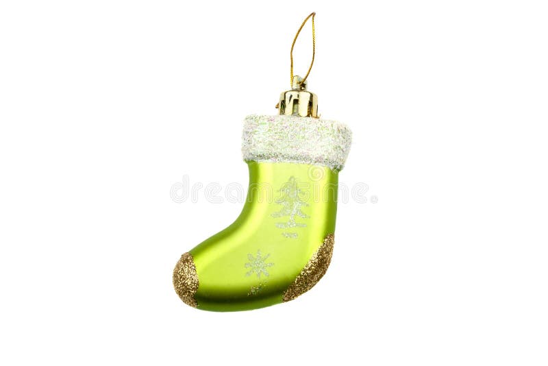 Green sock Christmas tree ornament with painted and gold powder isolated on white background stock photos Green sock Christmas tree ornament with painted and gold powder isolated on white background stock photos