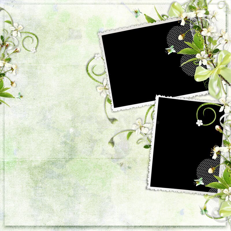 Green spring frame with cherry flowers