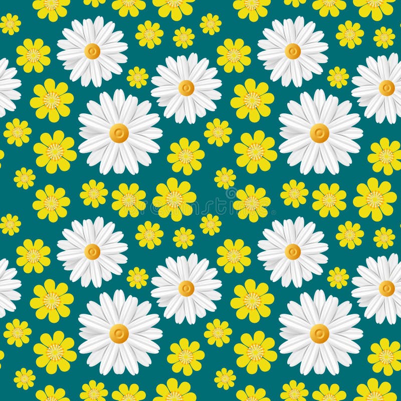 Green spring seamless pattern with light flowers: white camomile and yellow buttercup isolated on dark blue background