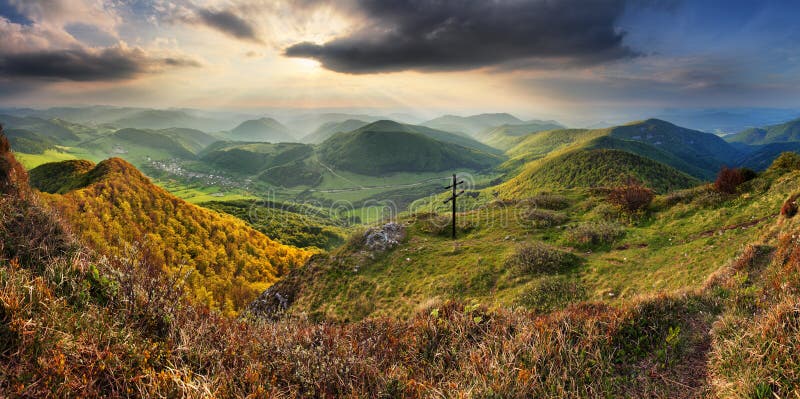 Green Spring Slovakia mountain nature landscape with sun and cro