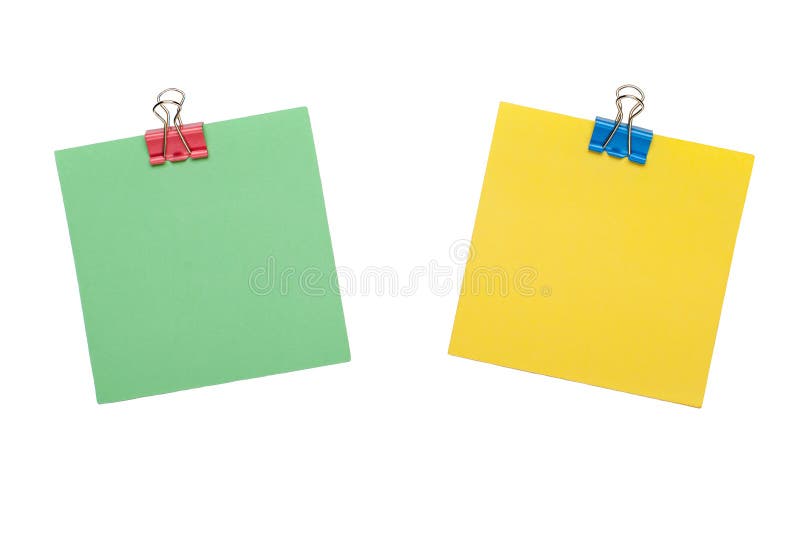 Green Stick Note with red paper clip holder and yellow sticker with blue paperclip isolated on white background. Mock up royalty free stock photos