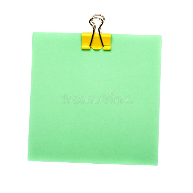 Green Stick Note with yellow paper clip holder isolated on white background. Mock up stock photos