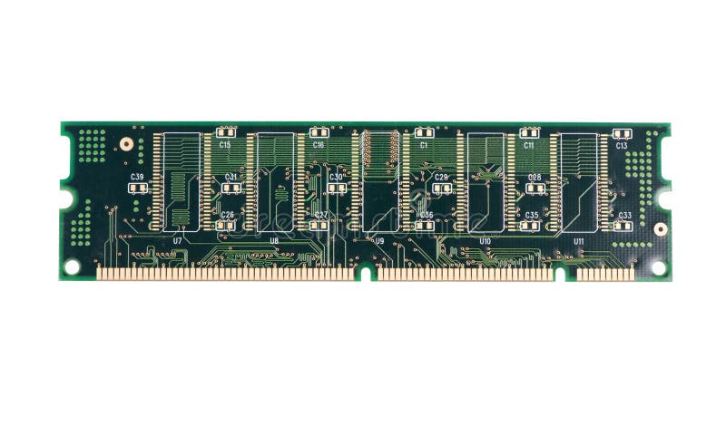 Green stick of RAM memory for computer with electronics components stock image