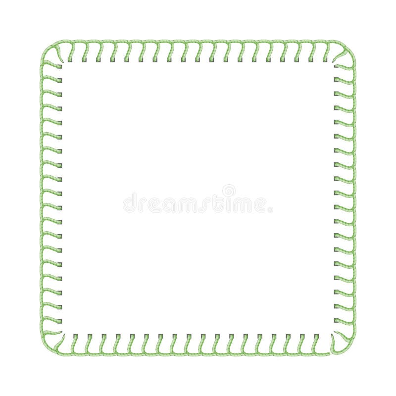 Green stitch thread border for textile ad design, sewing machine seam texture in square frame shape