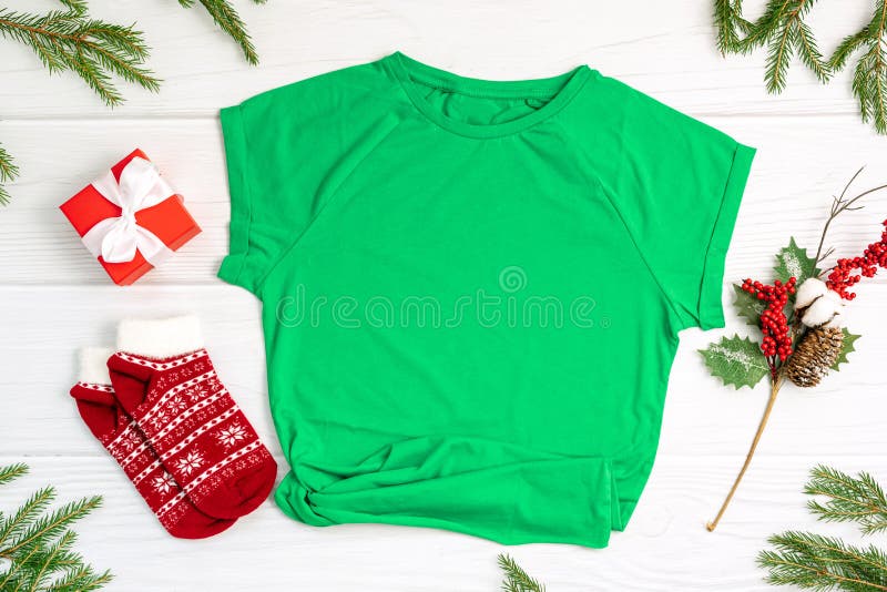 Christmas Mockup T-shirt on White Background Flatlay, Copyspace Stock ...