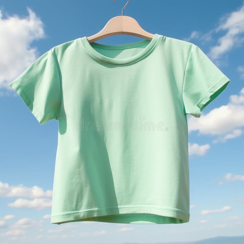 Green T Shirt Mockup floating on sky. Generative AI. AI generated