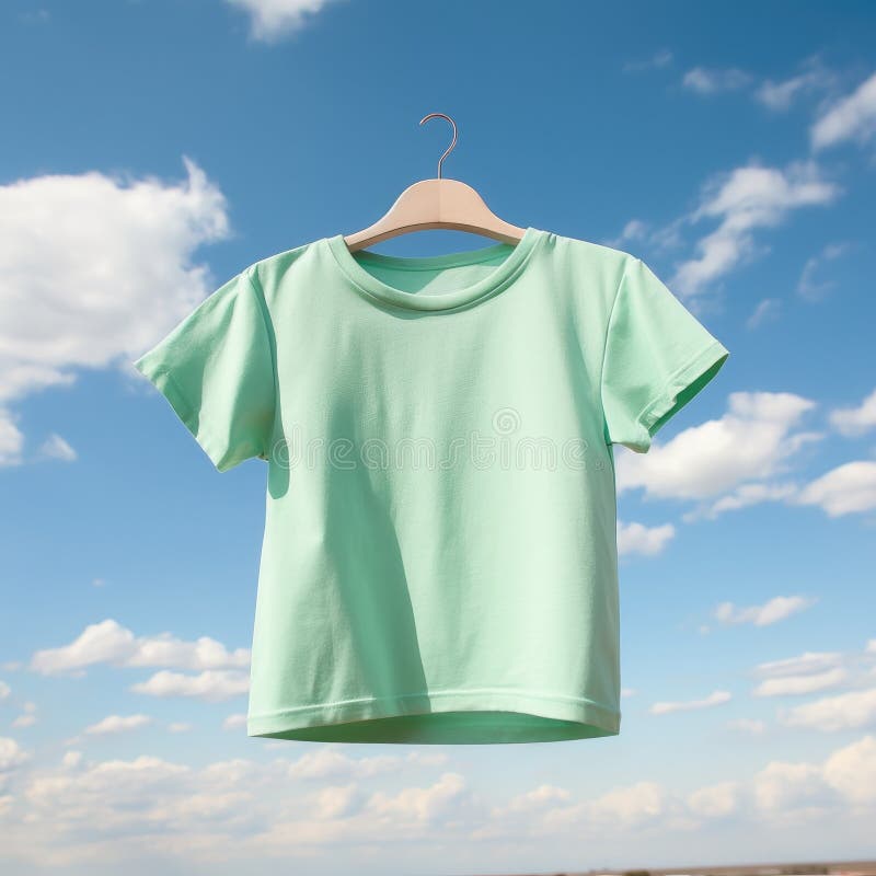 Green T Shirt Mockup floating on sky. Generative AI. AI generated