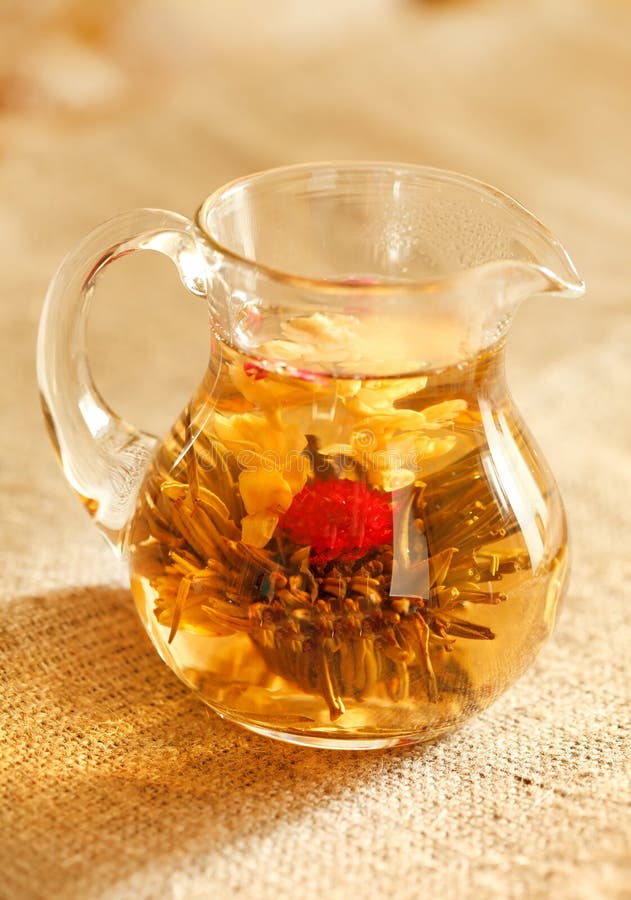 Blooming Green Tea in Glass Teapot Stock Photo Image of flower, light