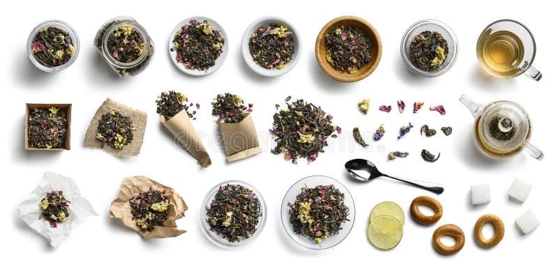 Green Tea and Accessories Top View on White Background Stock Image