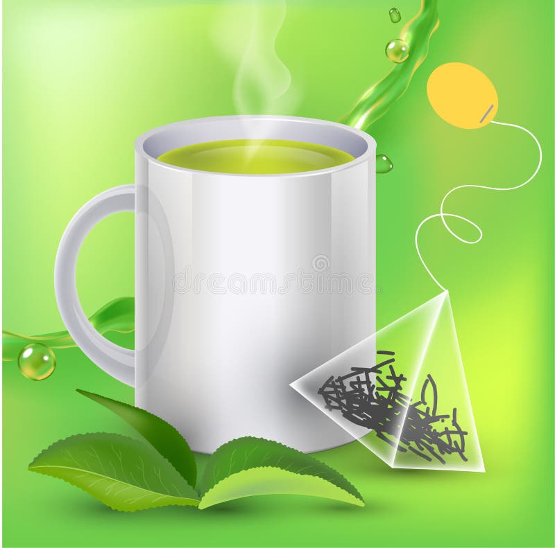 Green Tea Banner Ads with Tea Leaves, Green Background with Realistic ...