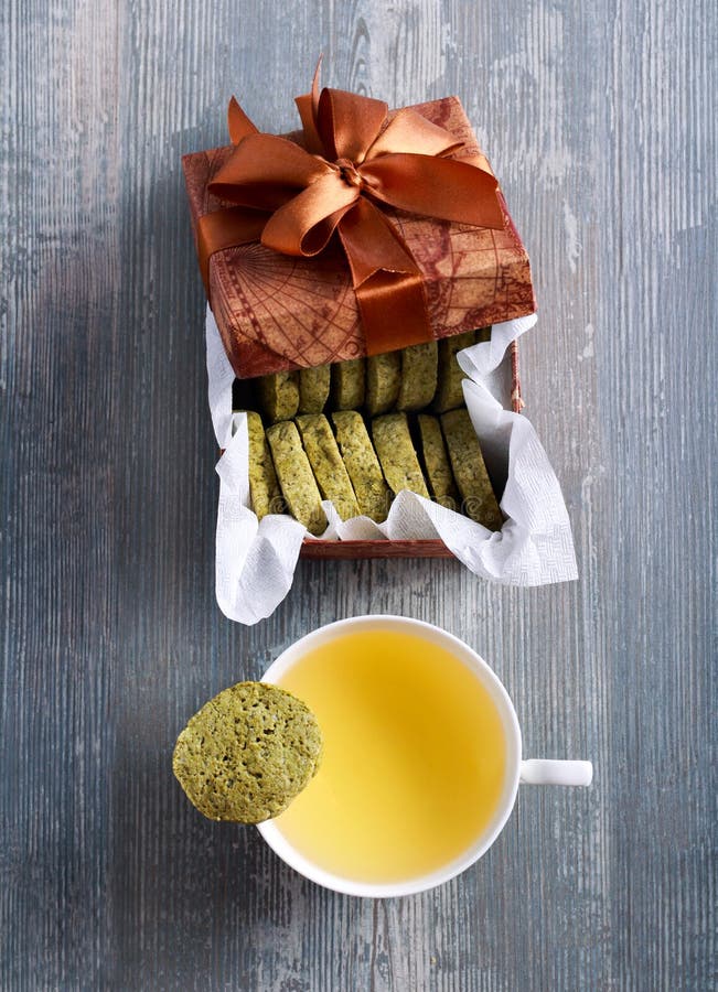Green Tea Biscuits and Cup of Tea Stock Photo Image of homemade