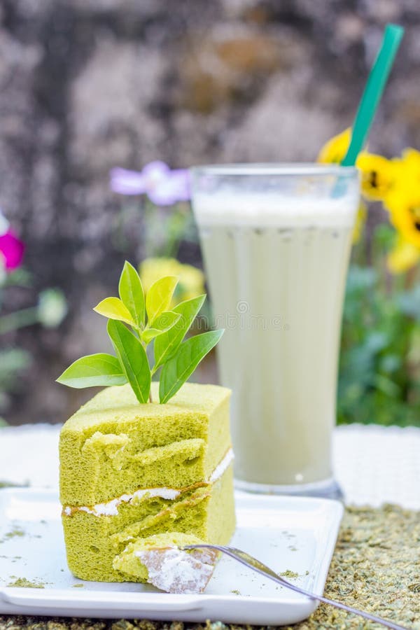 Green Tea Cake and a Glass of Ice Green Tea Stock Image Image of
