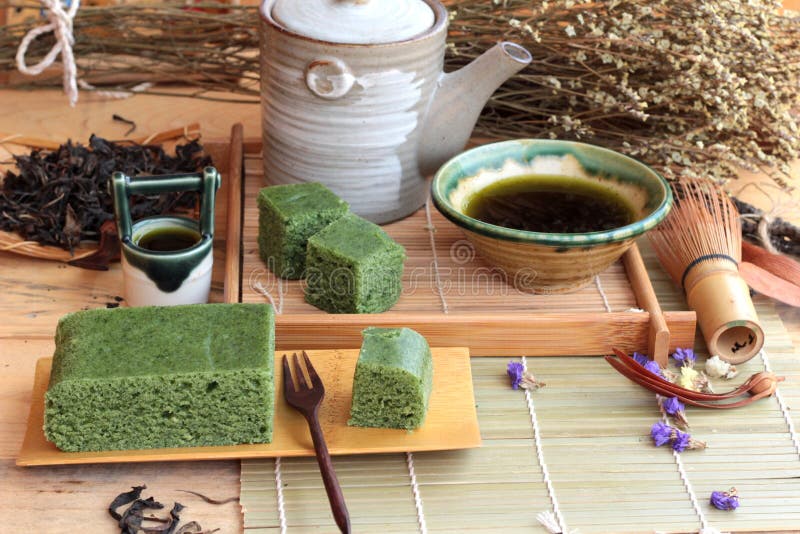 Green Tea Cake Japanese Dessert and Green Tea Stock Photo Image of
