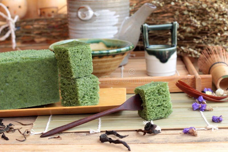 Green Tea Cake Japanese Dessert and Green Tea Stock Photo Image of