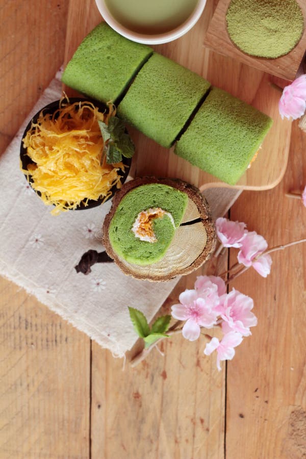Green Tea Cake Roll and Matcha Green Tea. Stock Image Image of matcha